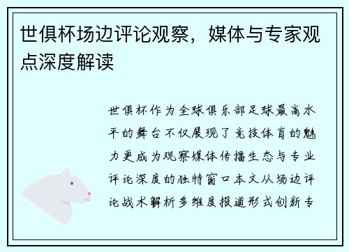 世俱杯场边评论观察，媒体与专家观点深度解读