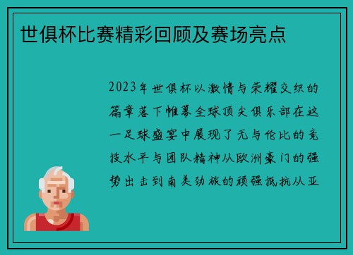 世俱杯比赛精彩回顾及赛场亮点